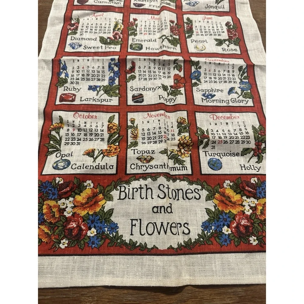 Vintage 1978 Printed Cloth Hanging Wall Calendar Tea Towel Birthstones & Flowers